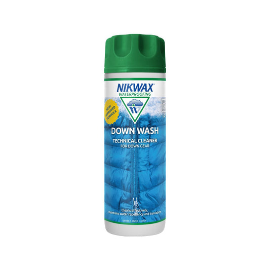 300 ml bottle of Nikwax Down Wash. Bottle is white with a green lid. Label features a close up of a zipper on a blue puffer jacket | NW1K1