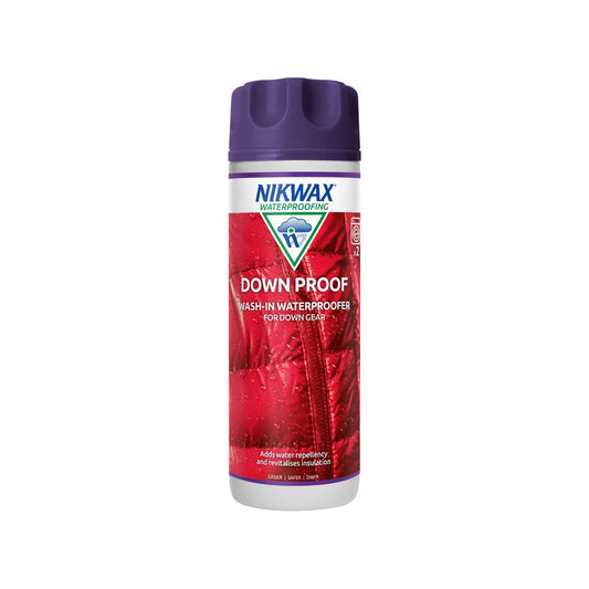 300ml bottle of Nikwax Down Proof. Bottle is white with purple lid. Label features a close up image of a red jacket with water pooling on the surface | NW241