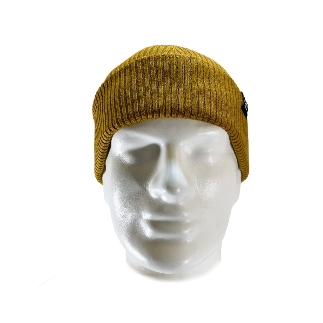 From view of Domex wool-rich blend fine rib-knit Fisherman's beanie with cuffed hem - Mustard